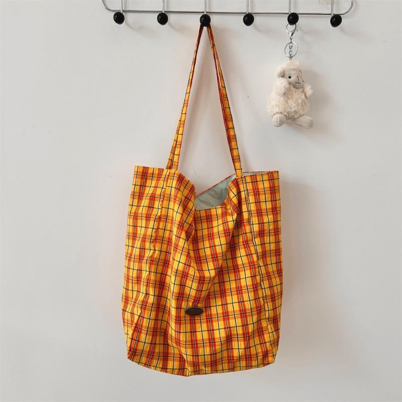 New Large-capacity Simple Shoulder Plaid Bag, Light Commuter Canvas Bag, Double-sided Dual-purpose Tote Bag