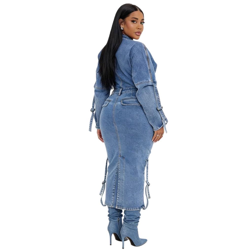 European and American Women's High Waist Unique Denim Maxi Dress