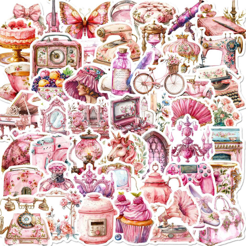 50 Pink Objects Retro Girl Heart Stickers Diy Handbook Luggage Notebook Helmet Stickers Waterproof Stickers