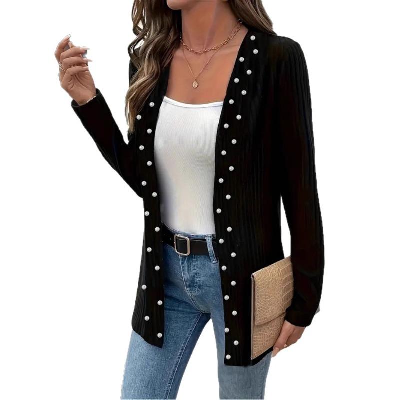 New Spring and Autumn Women's Elegant Beaded Long-sleeved Casual Knitted Cardigan Jacket
