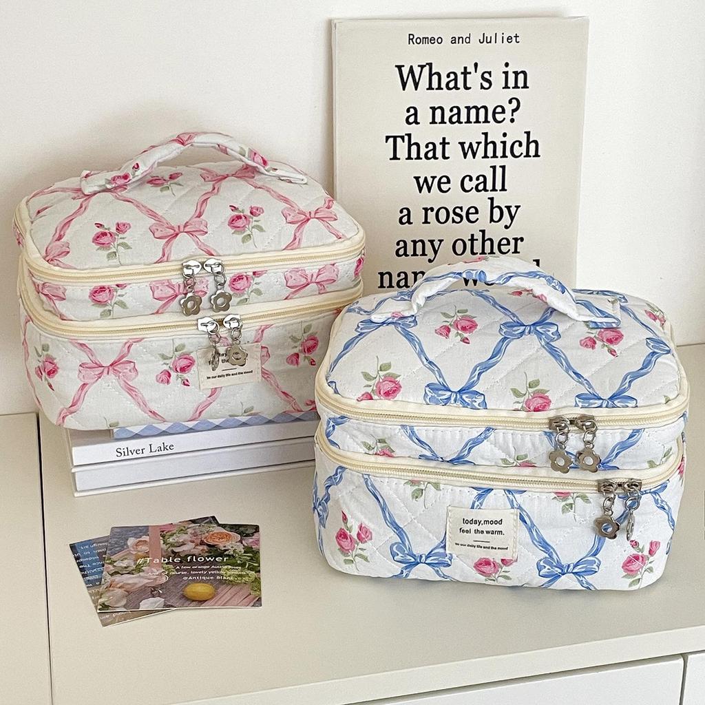 Double Layer Bowknot Cosmetic Bag - Large Capacity Makeup & Wash Organizer