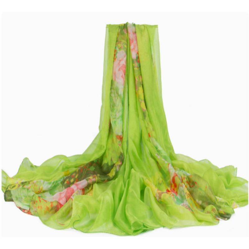 Women Floral Chiffon Shawl Light Thin Sheer Long Beach Wrap Multifunctional Neck Scarf Hair Band Bag Decor Fashion Holiday Sun Protection Accessory