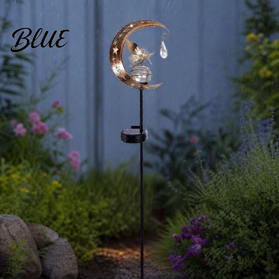 Outdoor Hummingbird Decor Moon Solar Light Metal Crescent with Crackle Glass Ball Garden Landscape Lighting Stake Pathway Light for Yard Patio Lawn
