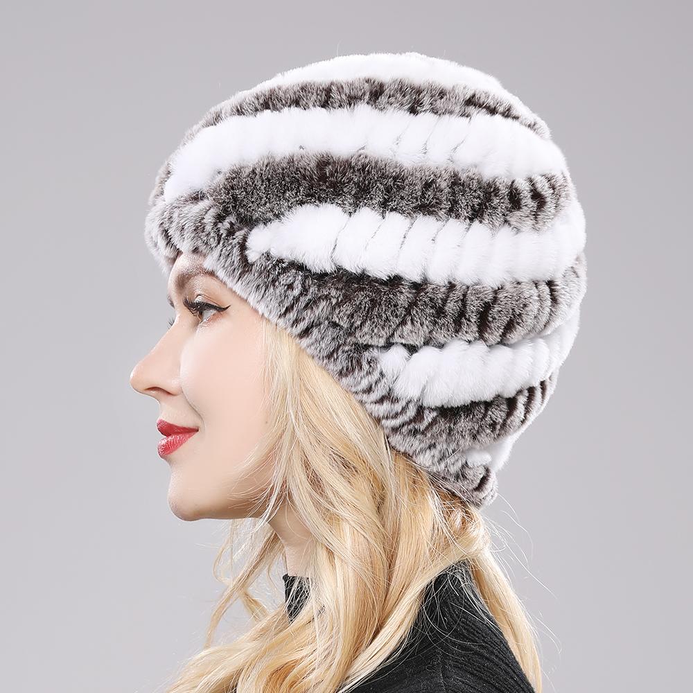 Dam Vinter Varm Äkta Rex Kaninpäls Hatt Snömössa Vinterhattar för Kvinnor Flickor Äkta Päls Stickad Skullies Mössor Naturlig Fluffig Hatt