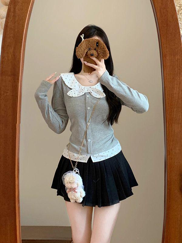 Autumn Winter Slim Spicy Girl Miu Style Gray Polka Dot U-Neck Long Sleeve Two-Piece Look T-Shirt