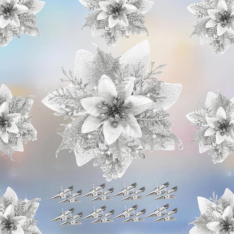 2/5Pcs 14cm Glitter Artifical Christmas Flowers Mreey Christmas Tree Decor Happy New Year Ornaments Xmas Fake Flowers Natal