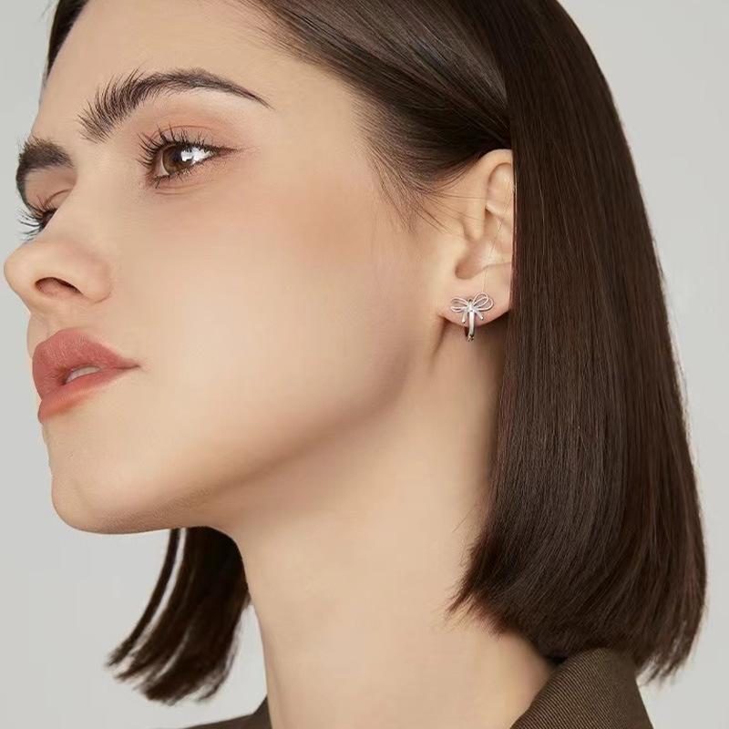 Argint Sterling S925 Clip de Ureche cu Fundiță Dulce Design de Interes Special Stil Francez Sens Înalt Accesorii de Damă Modă