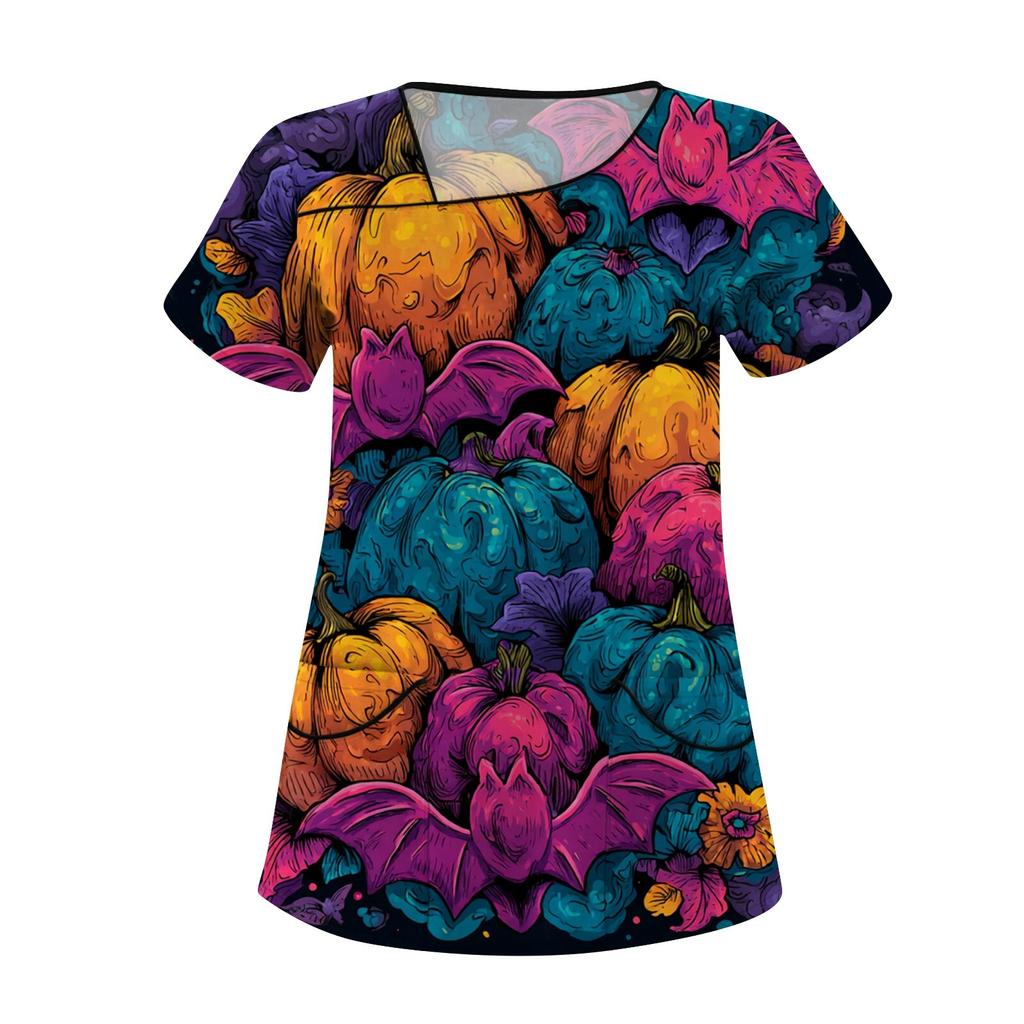 Dámské potištěné pracovní oblečení, šikmý límec a dvojité kapsy, základní top pulovr