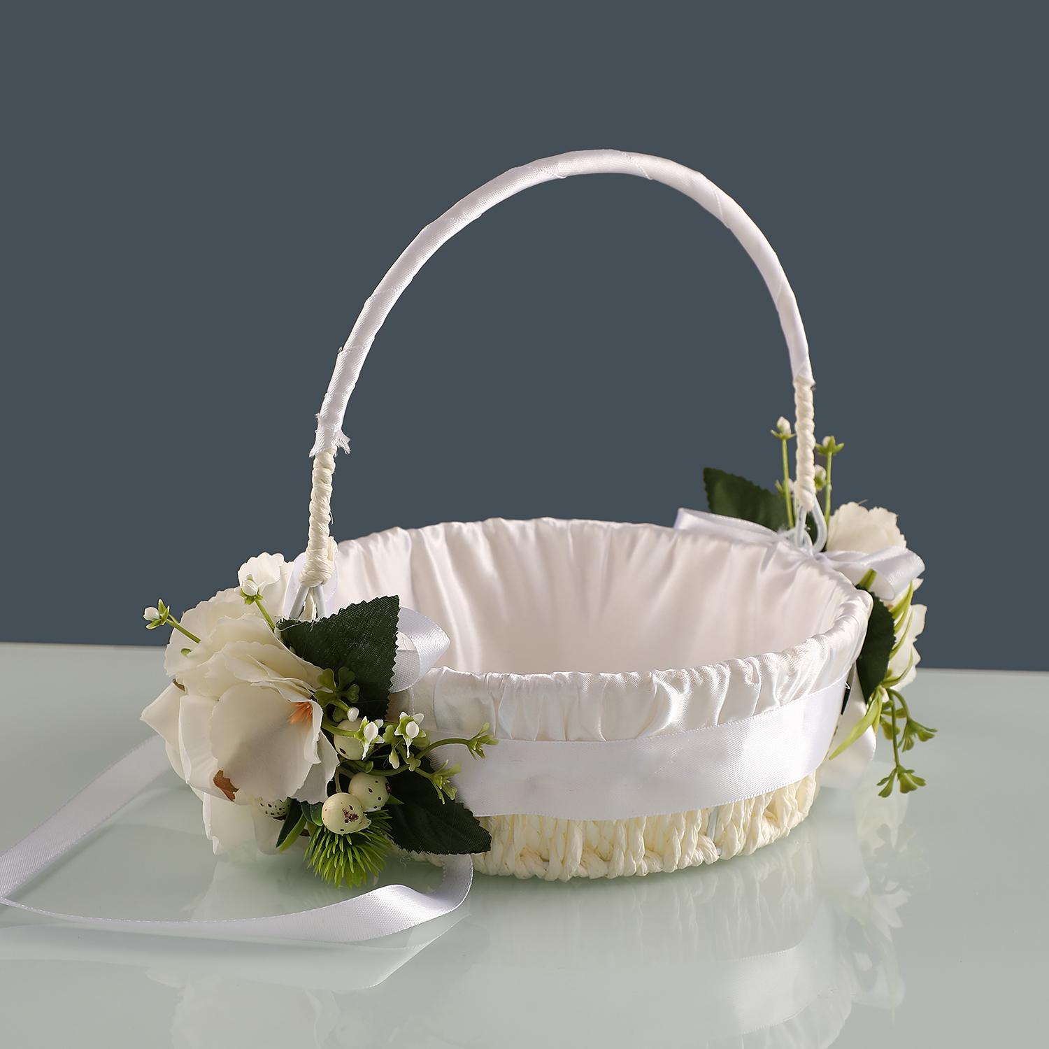 

Elegant country-style wedding flower girl basket, decorated with green leaves and bows, suitable for ceremonies and photography белый