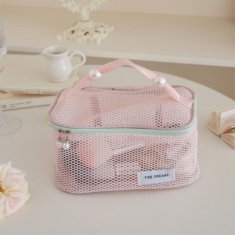 Portable Travel Toiletry Bag with Pearl Zipper Mesh Design for Organized Cosmetics on Journeys