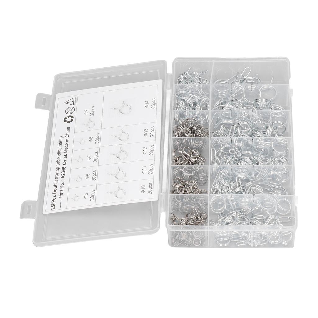 250PCS Double Wire Irrigation Hose Clamp Blue White Zinc Corrosion Resistance Hose Tube Spring Clips with Storage Box