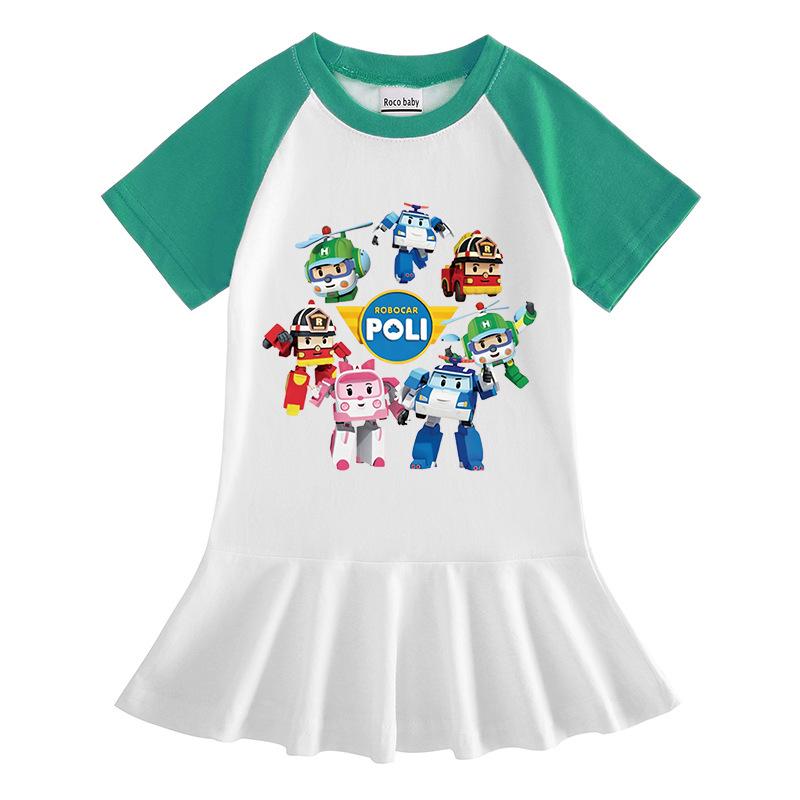 Summer Cartoon Raglan Color Block Pleated Dress for Girls - Stylish Short Sleeve Ruffle Skirt