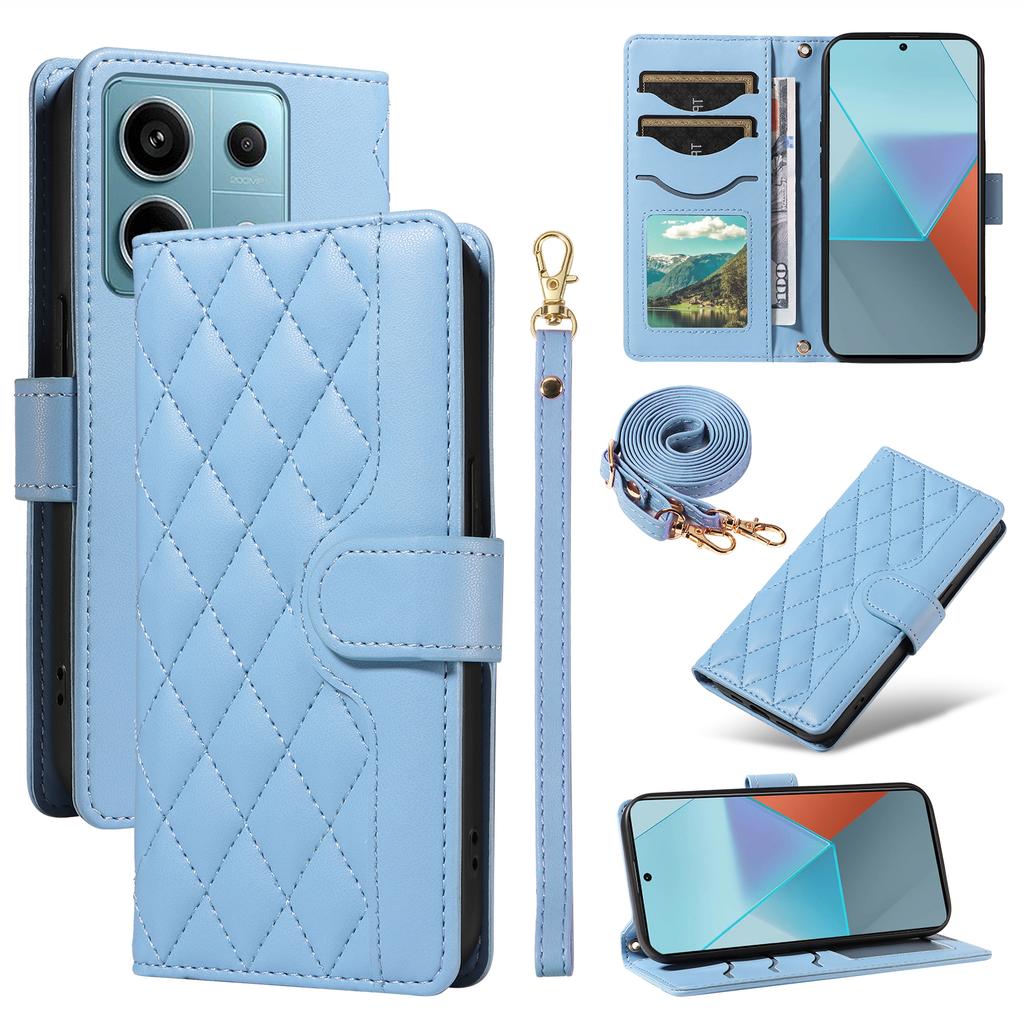 For Xiaomi Poco X6 5G/Redmi Note 13 Pro 5G Case Wallet Rhombus Leather Phone Cover with Shoulder Strap,Wrist Strap
