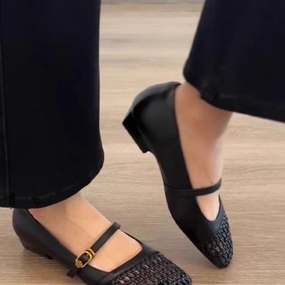 French Retro Leather Woven Hollow Square Head Mary Jane Shoes Women's Word with Thick Heel Soft Sole Commuting Versatile Single Shoes
