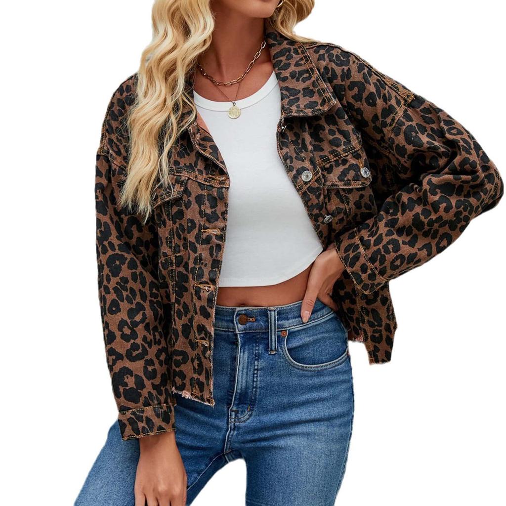 2024 Spring/Autumn Leopard Print Denim Jacket - Long Sleeve, Short, Loose Fit