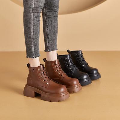 Damen Leder Martin Stiefel mit dicker Sohle und Absatz, Retro kleine lässige Stiefel mit dicker Sohle, große gelbe Stiefel für Damen