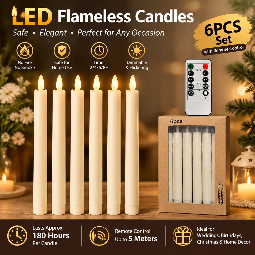 LED Electronic Candle Wavy Long Stem Remote Control Timer Smokeless Decor