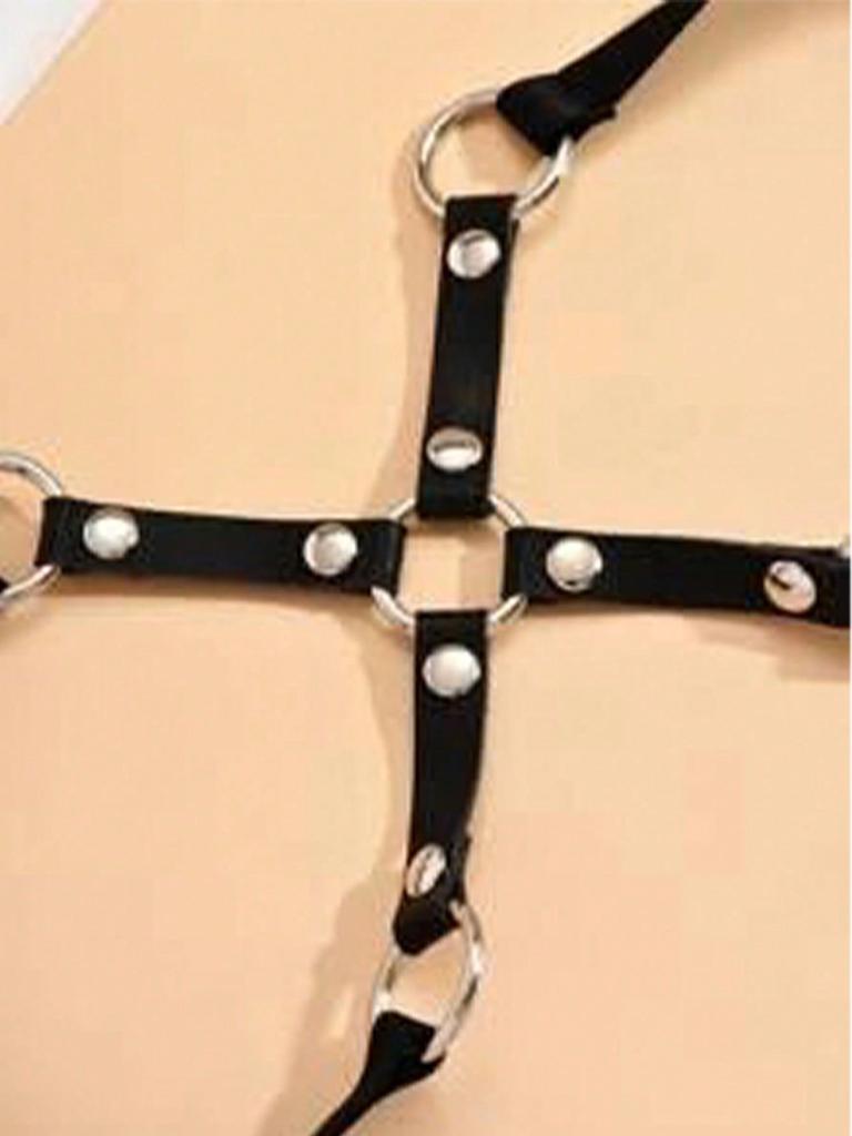 1Pc Gothic PU Leather Thigh Garter Harness, Gold O-Ring Punk Leg Body Chain For Halloween Party