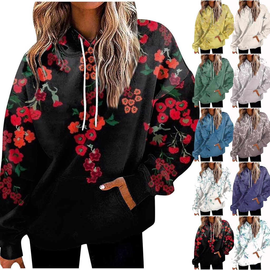 Women's Fashion Loose Casual Daily Long Sleeve Hoodie Floral Print Sweatshirt Top
