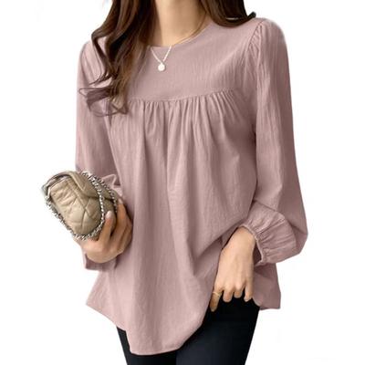 Chemise pour femmes printemps et automne en coton et lin couleur unie col rond grande taille ample hauts à boutons