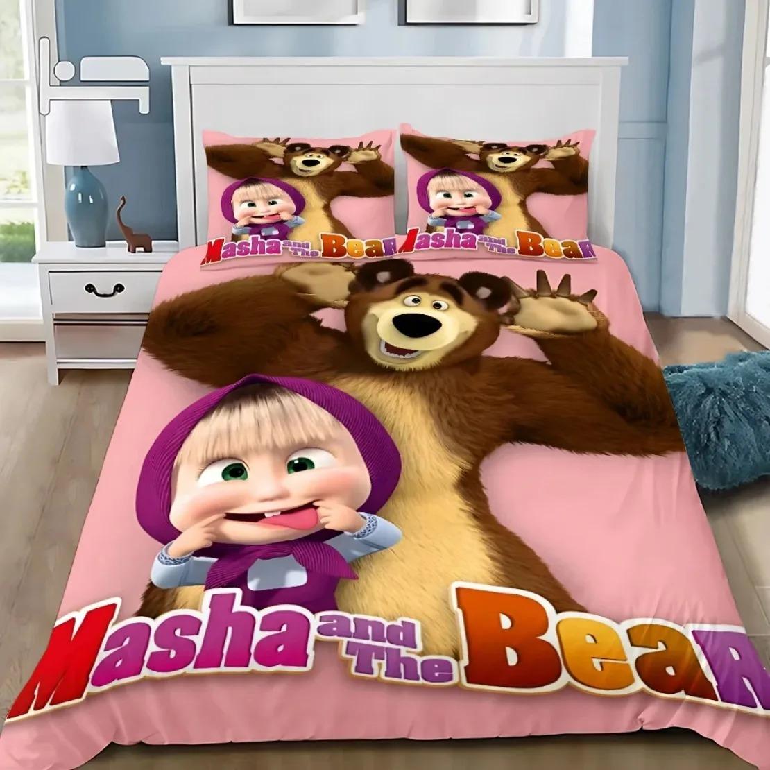 

Girl Masha Bedding Set Soft Comforter Cover With 1/2pcs Pillow Shams For Kids Adults Microfiber Cartoon Bear Quilt Cover 135x200cm