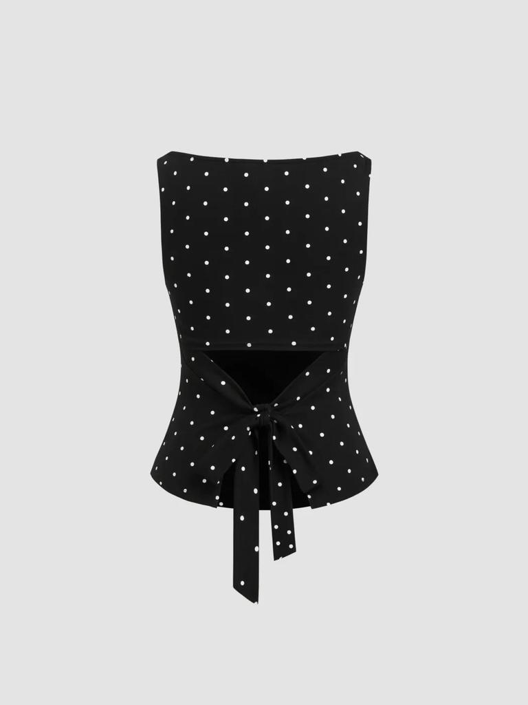 American Polka Dot Bottom Shirt Women's Summer Boat Collar Retro Pleated Waist Skinny Vest Sexy Spice Sleeveless Top