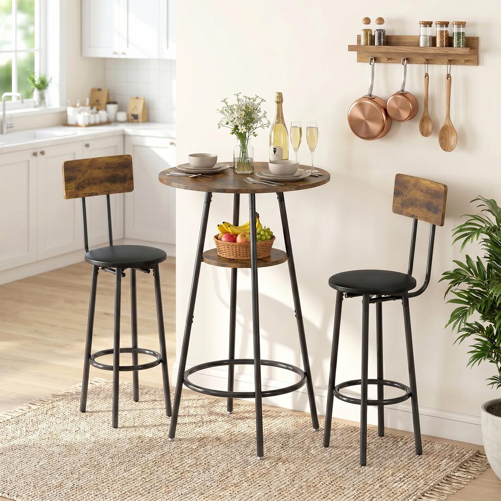 Industrielles Bartisch-Set mit 2 gepolsterten Hockern, Fußstützen, Metallrahmen, Küchentisch mit Regal, Rustikales Braun