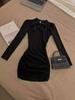 Spring Elegant Long Sleeve Button-Up Cheongsam-Inspired Dress - Pleated, Waist-Cinched, Hip-Hugging Short Skirt for Women