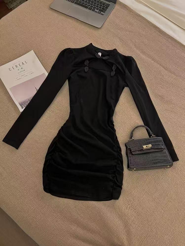 Spring Elegant Long Sleeve Button-Up Cheongsam-Inspired Dress - Pleated, Waist-Cinched, Hip-Hugging Short Skirt for Women