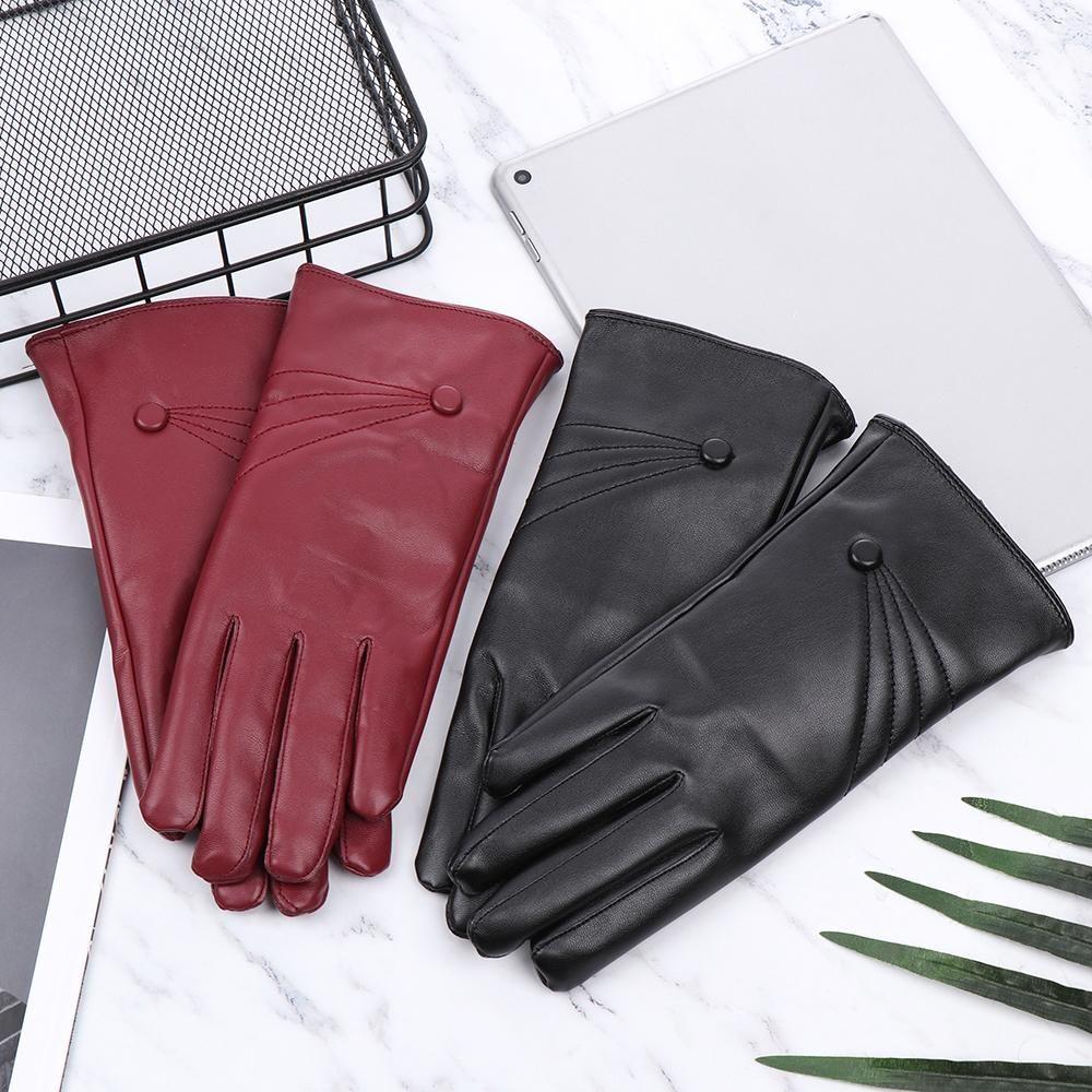 

New Fashion Cool Plus Velvet Windproof Touch Screen Mittens Cashmere Gloves Punk PU Leather Gloves чорний