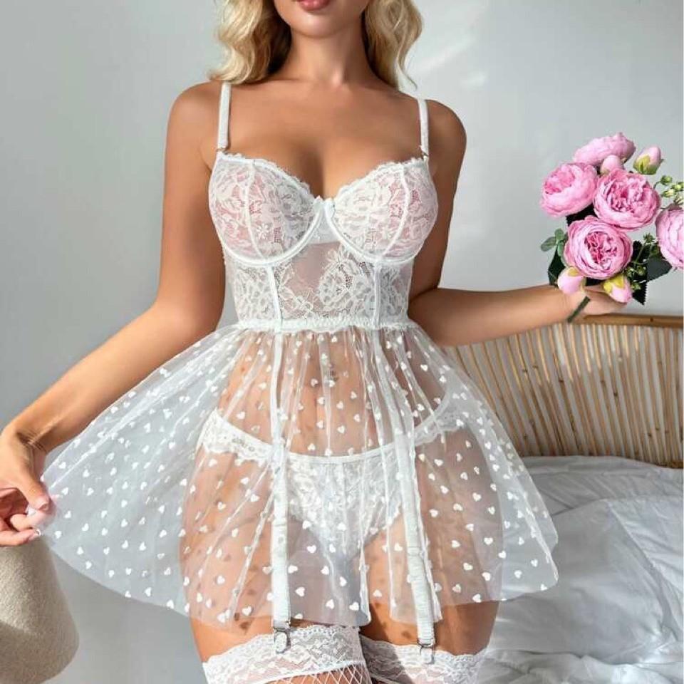 New European and American sex underwear lace perspective polka dot suspender nightdress large size mesh sexy sleep