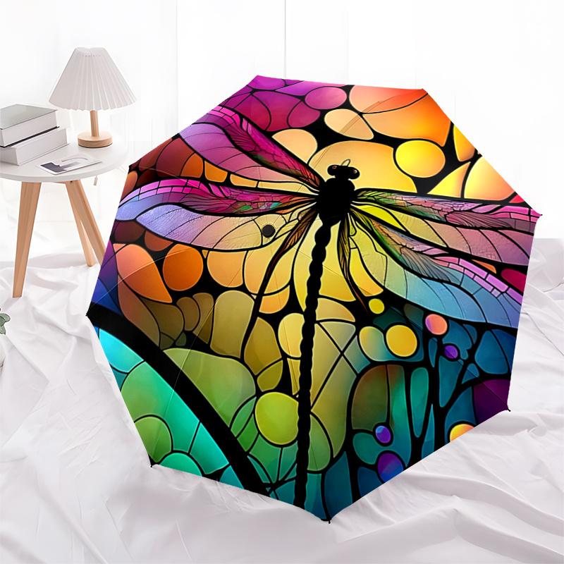 Colorful Stained Dragonfly Design Automatic Opening/Closing Umbrella with Foldable Design,, Travelers, Daily Use, Festive Gift1121011a