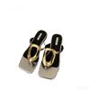 Fashion 2025 new flat bottomed casual square toe flip flops with clipped toes Small niche metal square buckle fashionable women's shoes