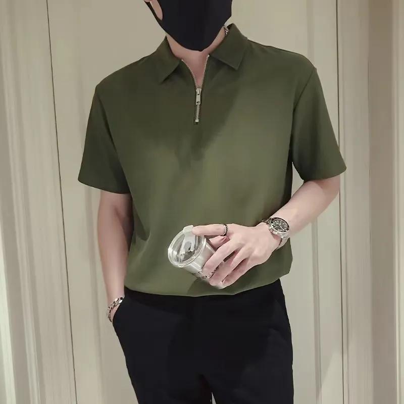 Summer Men's Black Half Zip Polo Shirt Casual Stand Collar