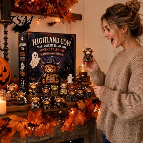 Highland Cow Collectibles Halloween Advent Calendar, 24 Days Countdown Box Mini Figurines with 24Pcs Figurines, Spooky Decorations Cute 3D Dolls
