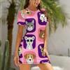 Lustiges Cartoon-Tierbuchstaben-Print-Kleid Damen Kurzarm Schlafanzugkleider Locker sitzendes T-Shirt Nachtwäsche Hauskleidung Nachthemd Loungewear