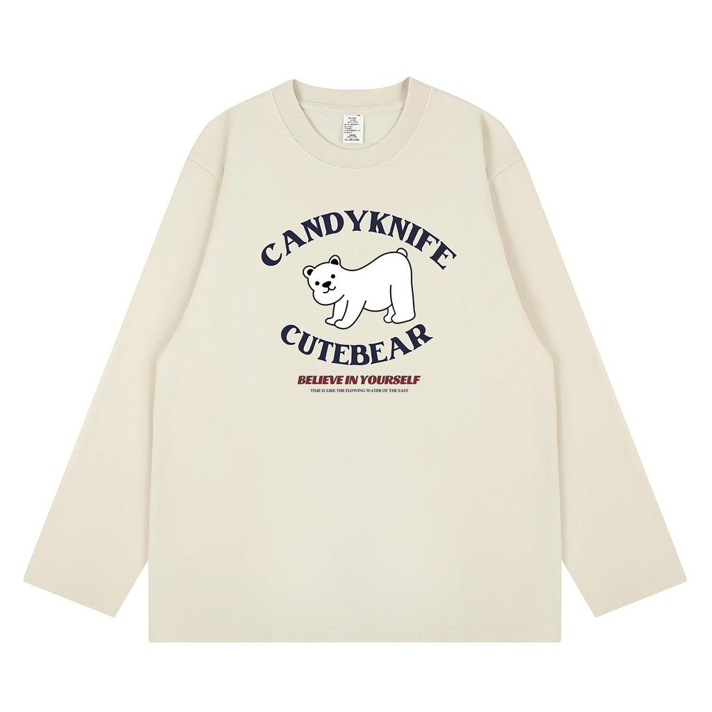 Korean INS Style Cartoon Print Couple Long Sleeve T-Shirt - Autumn/Winter, Pure Cotton, Loose Fit, Round Neck Top