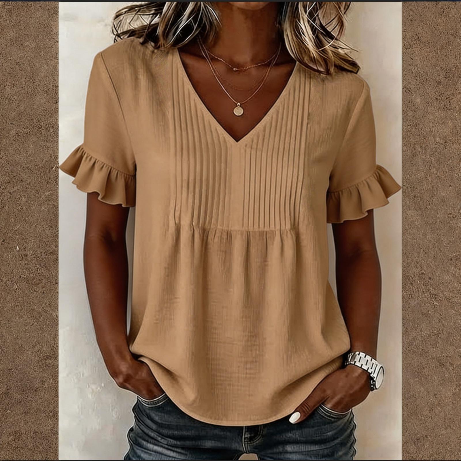 

Women s Pleated Loose Color V-Neck Fashionable Bell Sleeve Top L хаки