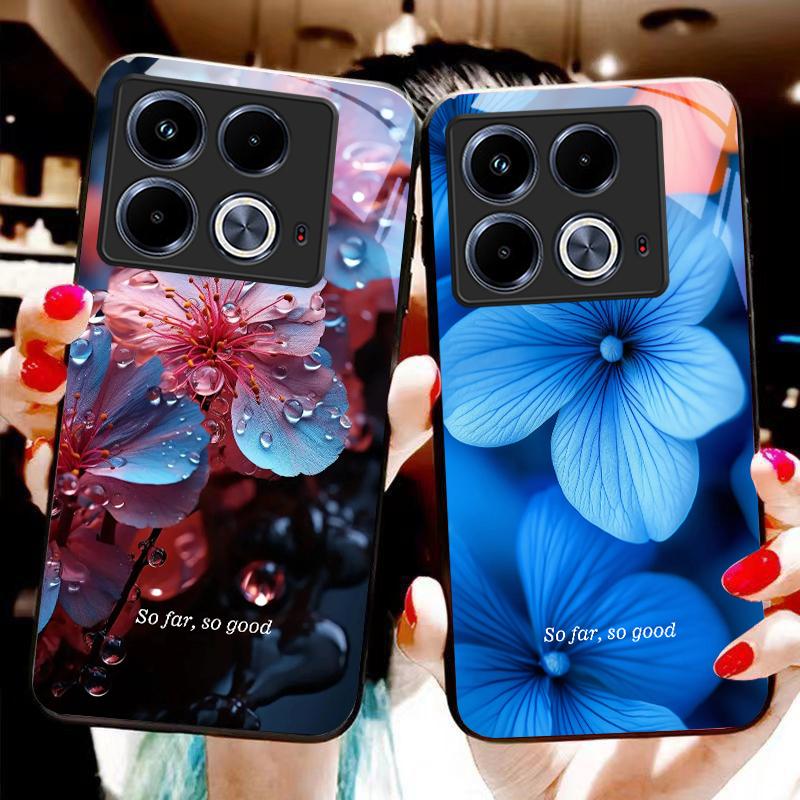 Blue Flower Element For Infinix Note 40 4G 30i 12 G96 Smart 8 Hot 9 Play 10 11S 12 20i 50 Pro Plus 5G Tempered Glass Phone Case