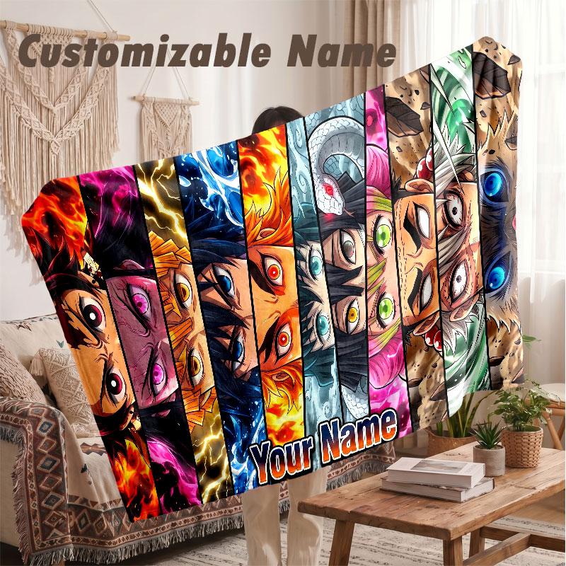 Custom Name Flannel Blanket,Demon Slayer Lightweight Warm Bed Blanket For Couch & Holiday Gift