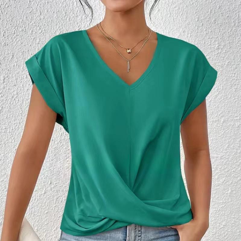 Women's Solid Color V-neck T-shirt Elegant Short-sleeved Blouse Spring and Summer Casual Women's Clothing