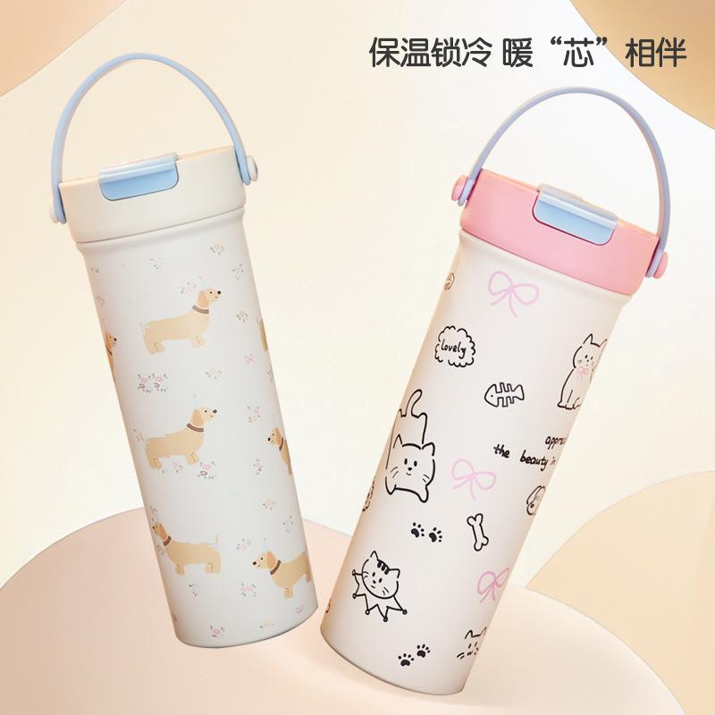 New Kitten High-value Portable Double-drink Coffee Cup Stainless Steel Thermos Cup Portable Tea Separation Straw Cup
