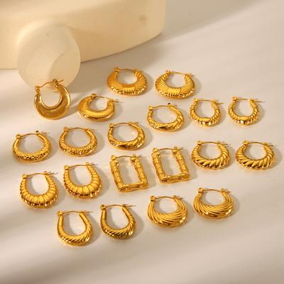 U-shaped 18K Gold Stainless Steel Earrings for Women, Fashionable Versatile Geometric Textured Titanium Steel Ear Jewelry