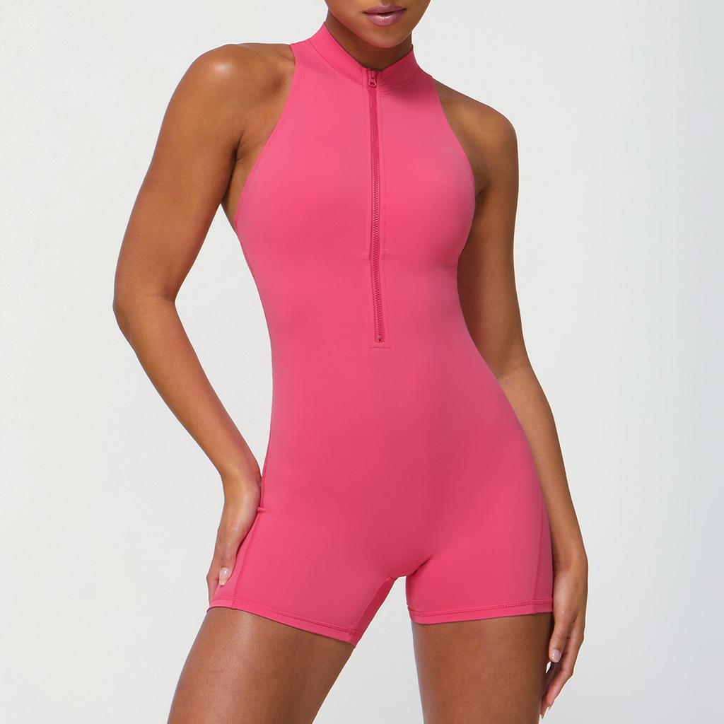Women's Sleeveless Half-Zip One-Piece Yoga Bodysuit with Chest Pad