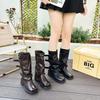 Thick-soled Martin boots women's 2025 autumn and winter new fashionable belt buckle short boots square round head pleated medium tube knight boots