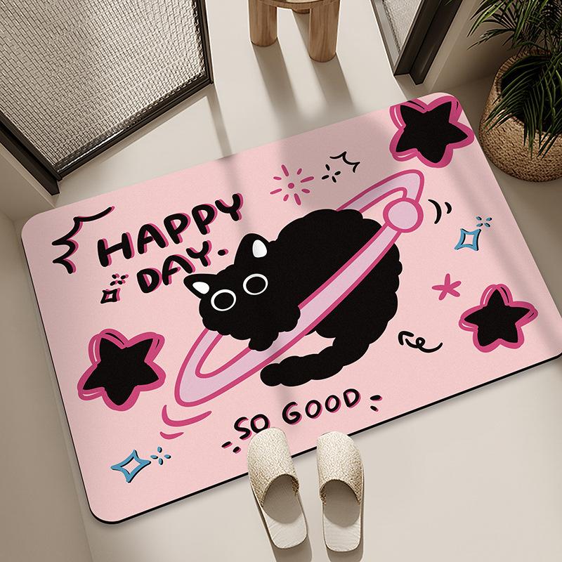 Diatom Mud Floor Mat Bathroom Water Absorption Quick-drying Foot Pad Cartoon Black Cat Dirty-resistant Anti-slip Pad Household Bathroom Entrance Mat
