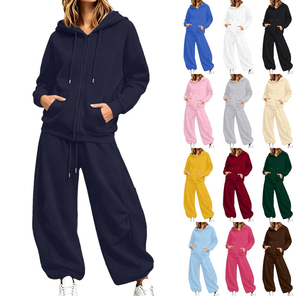 Unisex Lockere Passform Reißverschluss Hoodie mit und Weiter Bein Jogginghose 2-teiliges Trainingsanzug Set Farbe Sportbekleidung