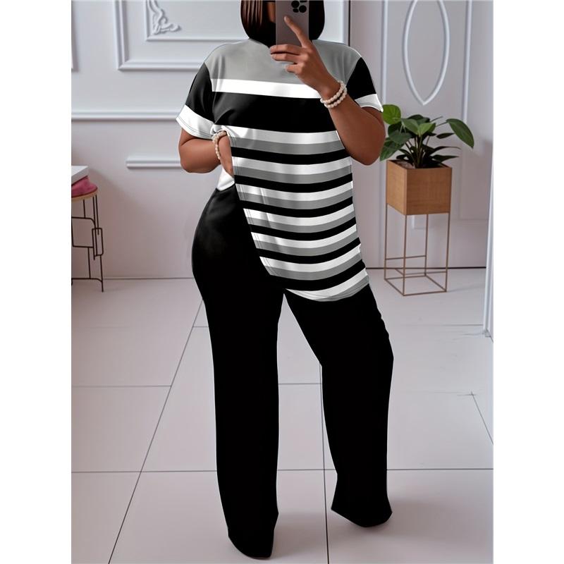 

Plus Size Striped 2-Piece Outfit Loose Top Wide Leg Pants Casual Set 4XL чёрный
