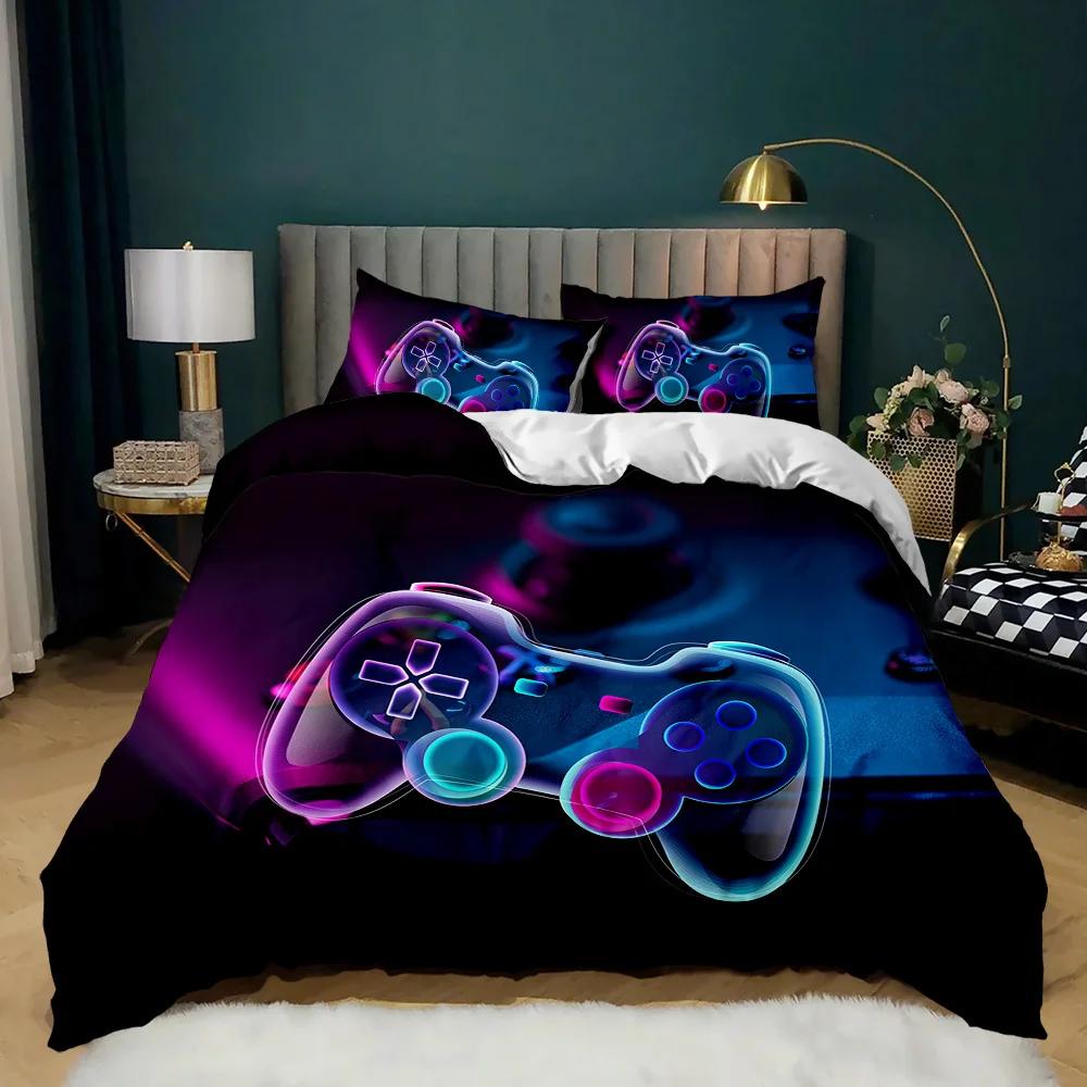Gamepad Duvet Cover Set Twin King Size Polyester Gaming Comforter Cover Gamer Decor for Teen Boys Green Neon Gamepad Bedding Set