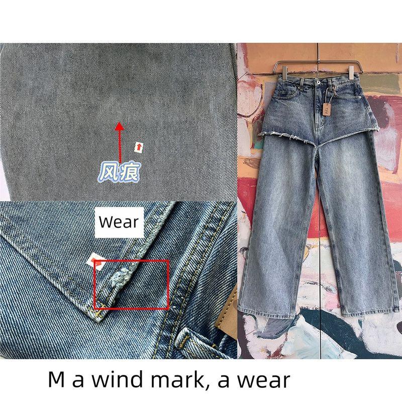 

Foreign Trade Original Order South korea Our * Studio Fake Two-Piece Design Loose Wide Leg Straight Burr Jeans 1352 Blue Wind mark M